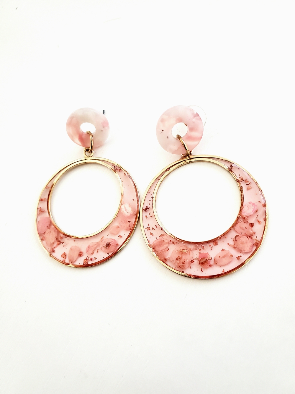 Pink Resin Hoop Drop Earrings with Gold Accents